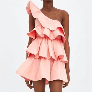 NWT ZARA mini one-shoulder, Asymmetric taffeta dress; Limited Edition Size M